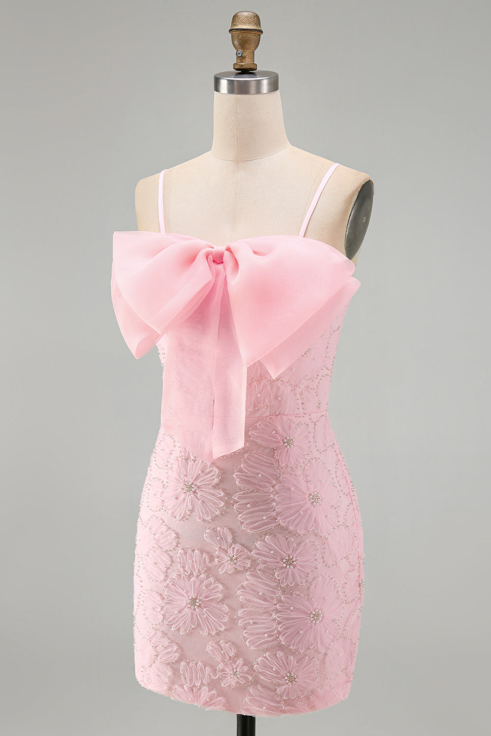 Sparkly Pink Floral Tight Short Spaghetti Straps Homecoming Dress with Pearls