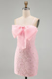 Sparkly Pink Floral Tight Short Spaghetti Straps Homecoming Dress with Pearls