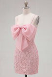 Sparkly Pink Floral Tight Short Spaghetti Straps Homecoming Dress with Pearls