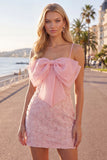 Sparkly Pink Floral Tight Short Spaghetti Straps Homecoming Dress with Pearls