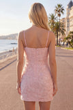 Sparkly Pink Floral Tight Short Spaghetti Straps Homecoming Dress with Pearls