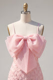 Sparkly Pink Floral Tight Short Spaghetti Straps Homecoming Dress with Pearls