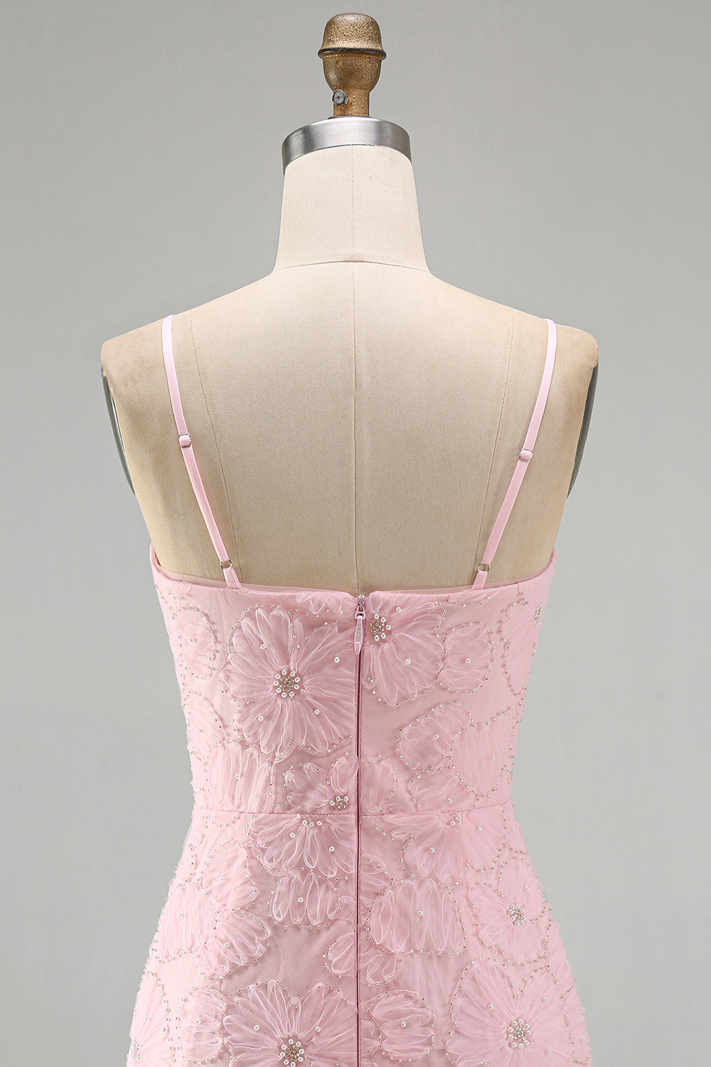 Sparkly Pink Floral Tight Short Spaghetti Straps Homecoming Dress with Pearls
