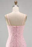 Sparkly Pink Floral Tight Short Spaghetti Straps Homecoming Dress with Pearls