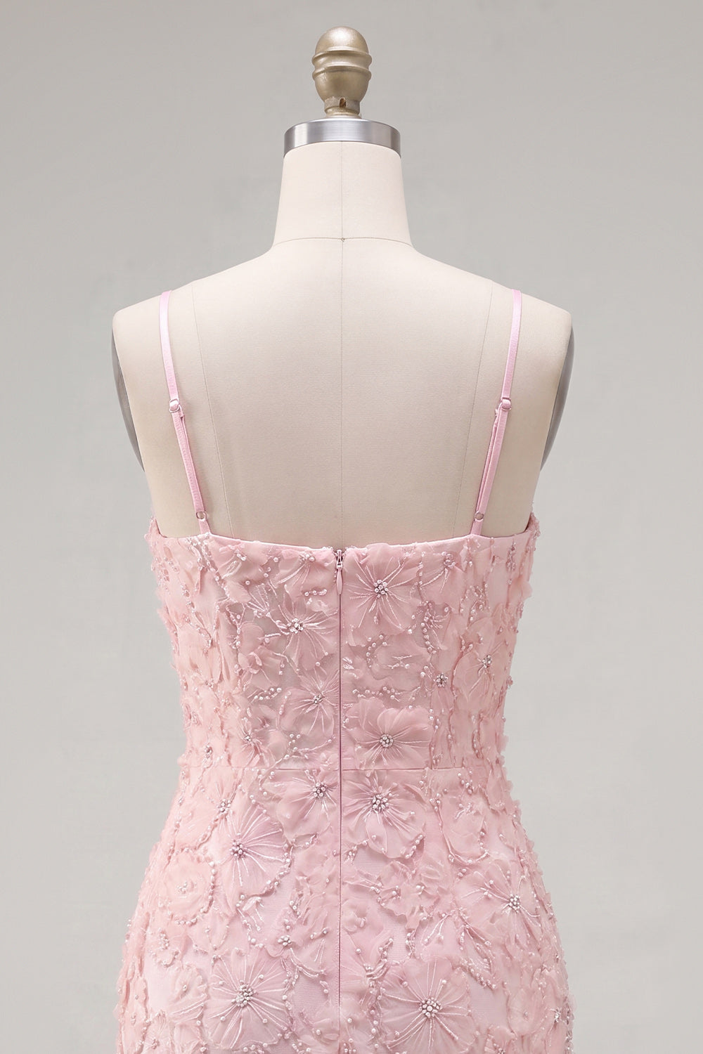 Sparkly Pink Floral Tight Short Spaghetti Straps Homecoming Dress with Pearls