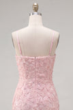 Sparkly Pink Floral Tight Short Spaghetti Straps Homecoming Dress with Pearls