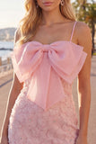 Sparkly Pink Floral Tight Short Spaghetti Straps Homecoming Dress with Pearls