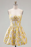 Butter Yellow Floral Short A Line Keyhole Homecoming Dress with 3D Flower