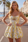 Butter Yellow Floral Short A Line Keyhole Homecoming Dress with 3D Flower