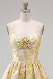 Butter Yellow Floral Short A Line Keyhole Homecoming Dress with 3D Flower