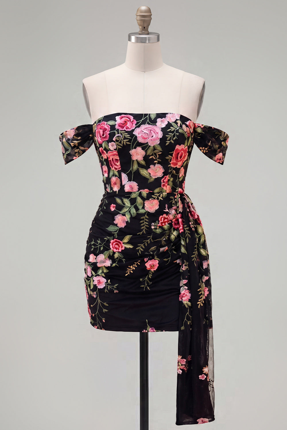 Black Floral Tight Short Off the Shoulder Homecoming Dress with Sash