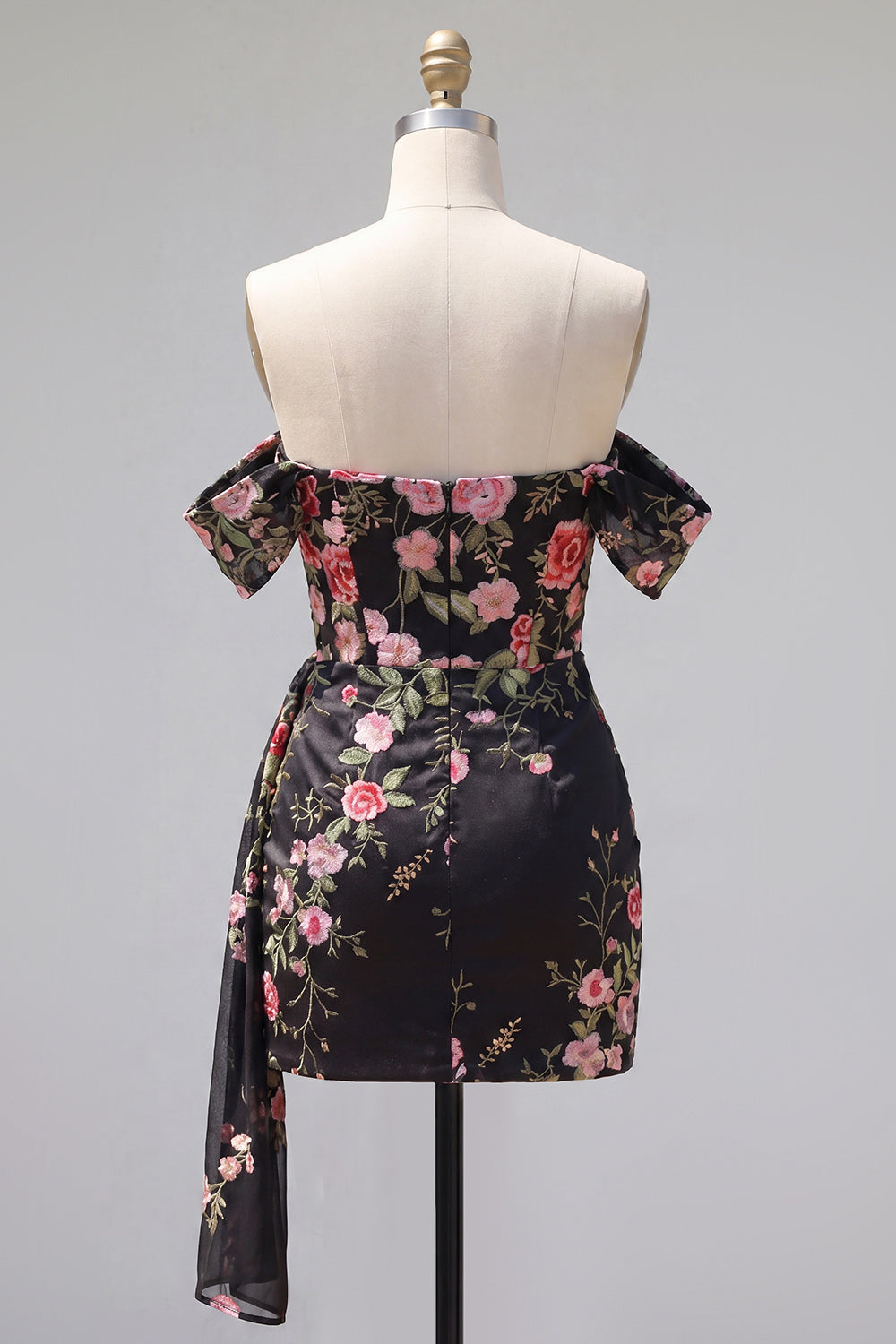 Black Floral Tight Short Off the Shoulder Homecoming Dress with Sash