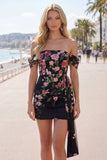 Black Floral Tight Short Off the Shoulder Homecoming Dress with Sash
