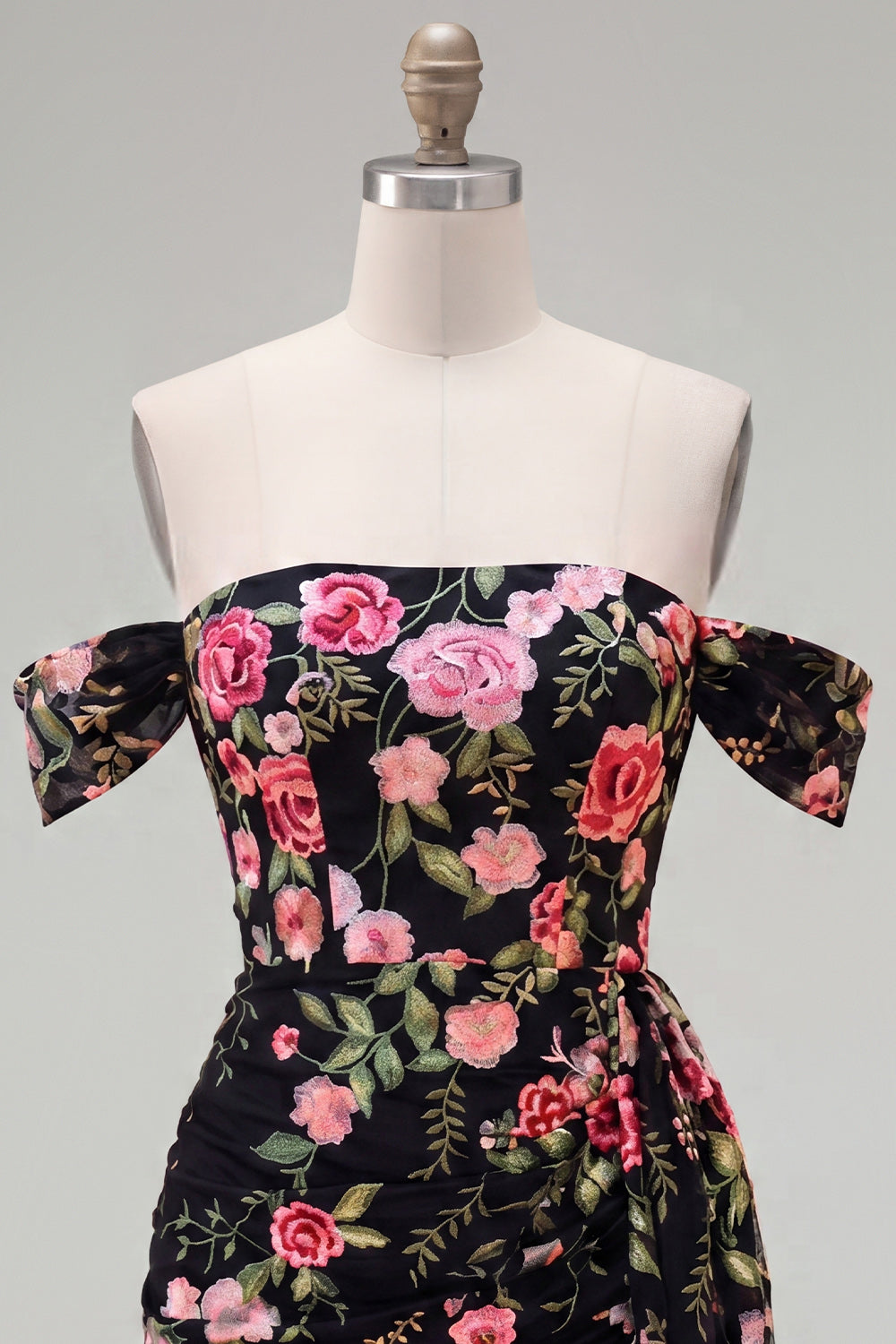 Black Floral Tight Short Off the Shoulder Homecoming Dress with Sash