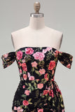 Black Floral Tight Short Off the Shoulder Homecoming Dress with Sash