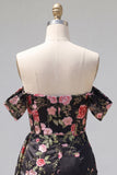 Black Floral Tight Short Off the Shoulder Homecoming Dress with Sash
