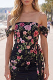 Black Floral Tight Short Off the Shoulder Homecoming Dress with Sash