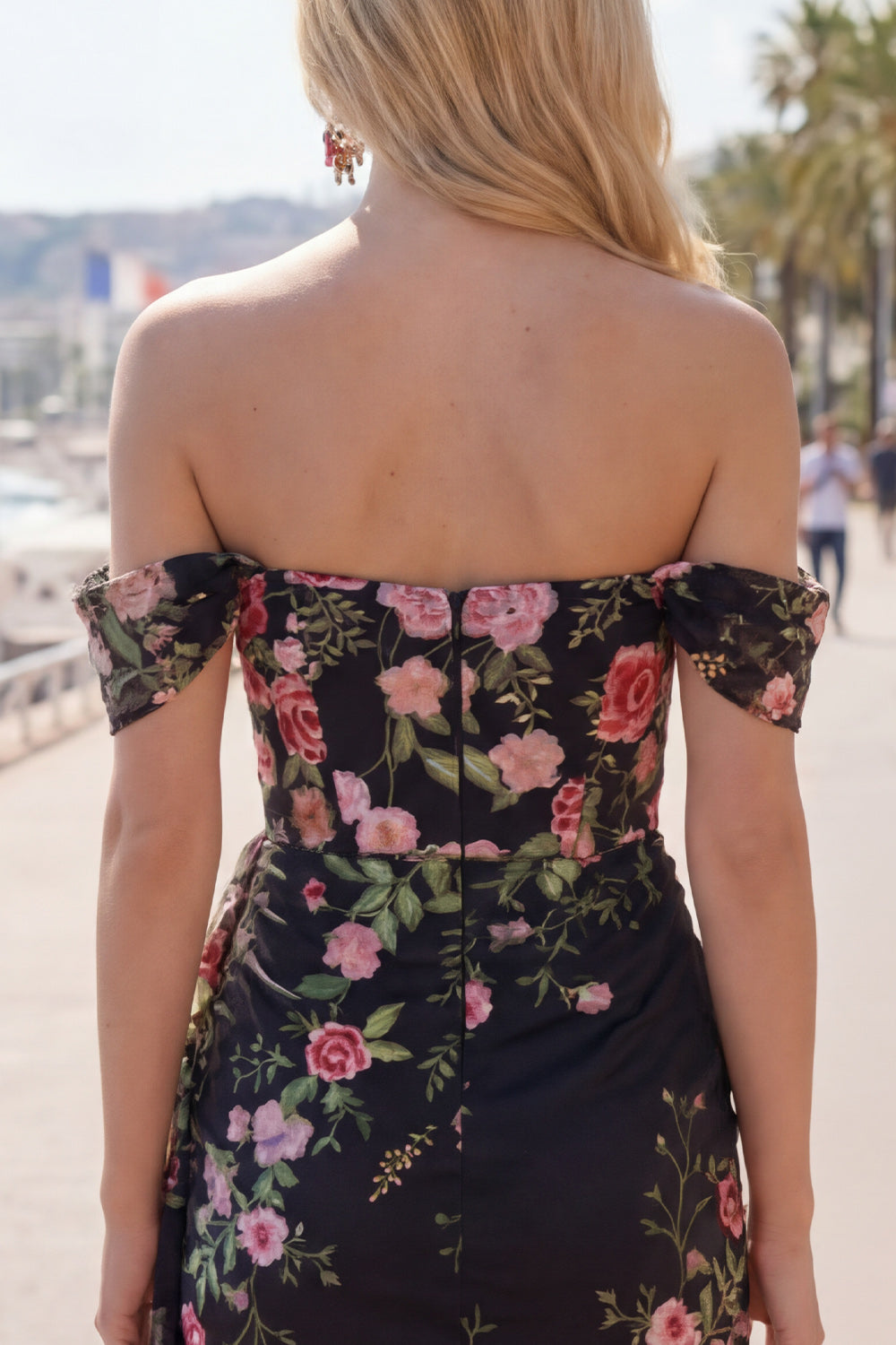 Black Floral Tight Short Off the Shoulder Homecoming Dress with Sash