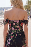 Black Floral Tight Short Off the Shoulder Homecoming Dress with Sash