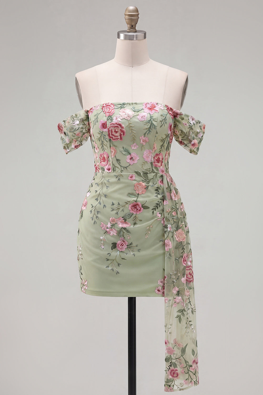 Black Floral Tight Short Off the Shoulder Homecoming Dress with Sash