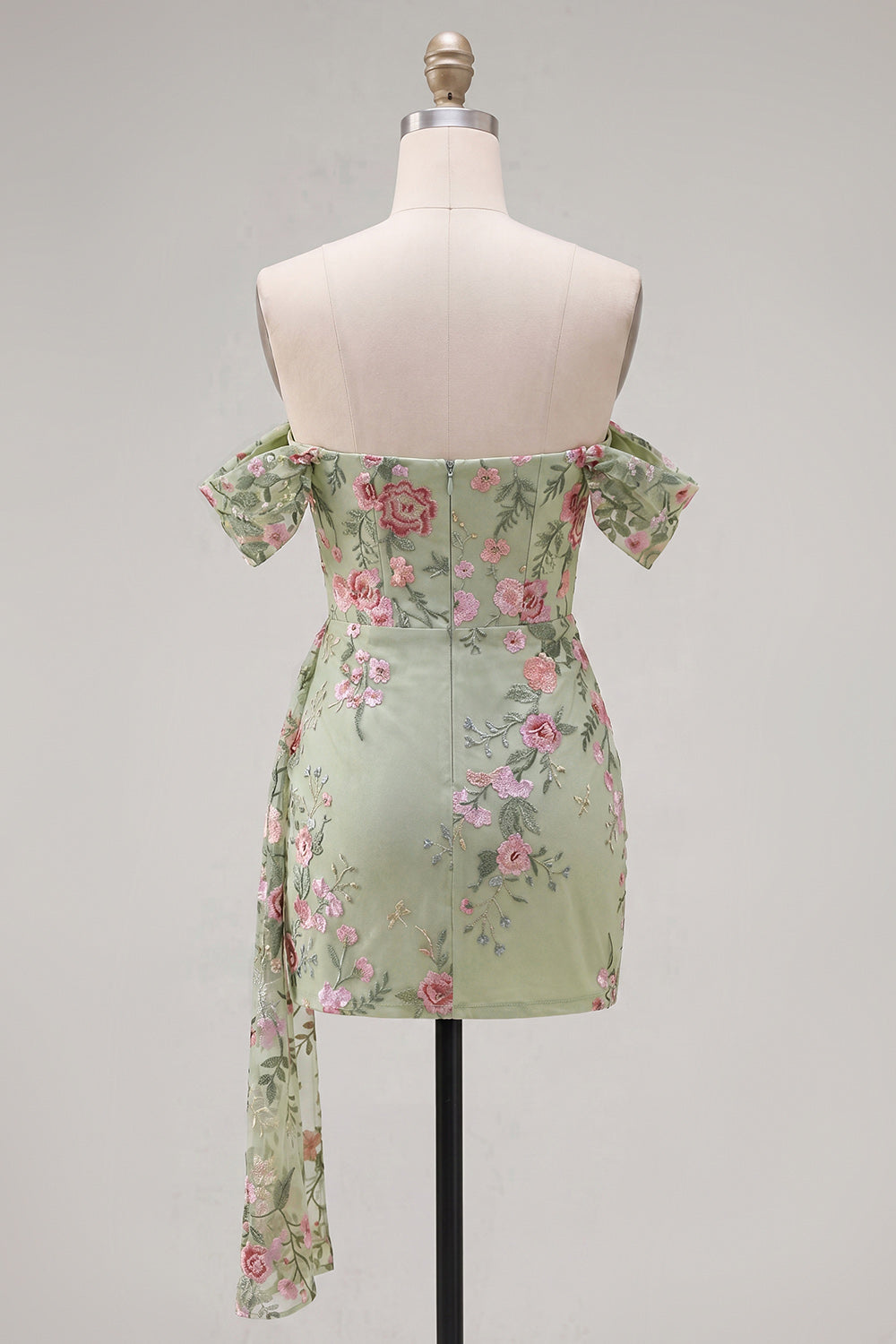 Black Floral Tight Short Off the Shoulder Homecoming Dress with Sash