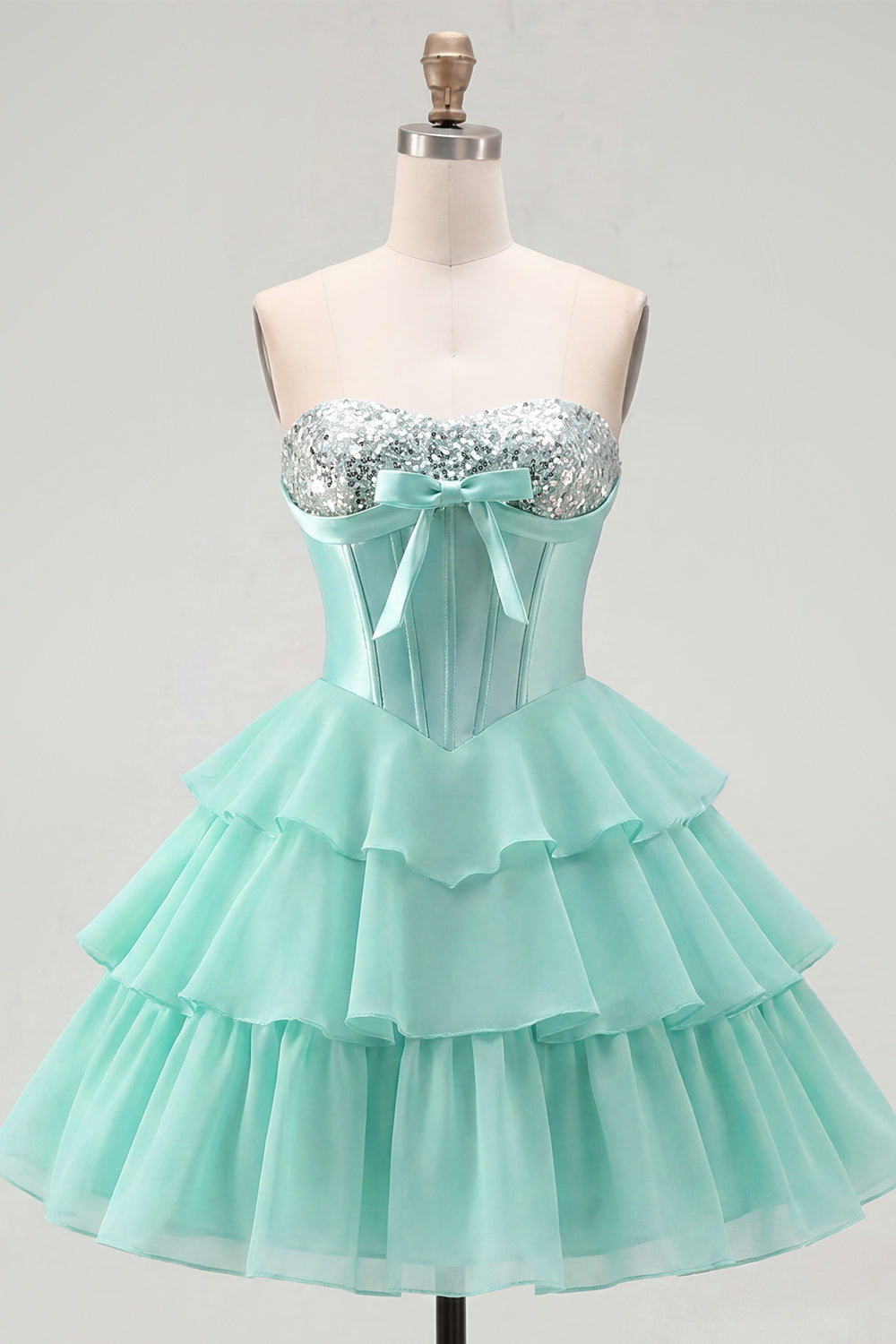 Mint Corset Short A Line Strapless Beaded Homecoming Dress with Ruffles