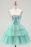 Mint Corset Short A Line Strapless Beaded Homecoming Dress with Ruffles