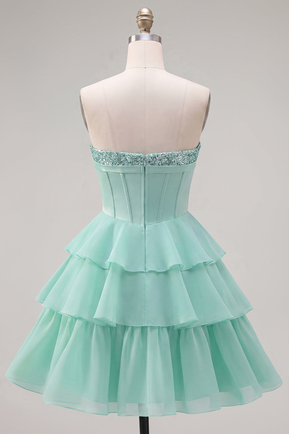 Mint Corset Short A Line Strapless Beaded Homecoming Dress with Ruffles
