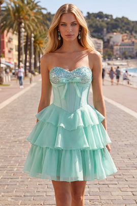 Mint Corset Short A Line Strapless Beaded Homecoming Dress with Ruffles