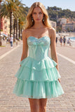 Mint Corset Short A Line Strapless Beaded Homecoming Dress with Ruffles