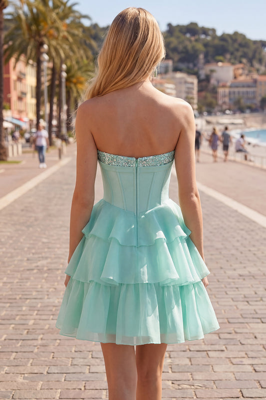 Mint Corset Short A Line Strapless Beaded Homecoming Dress with Ruffles