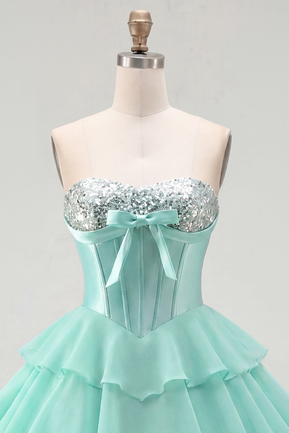 Mint Corset Short A Line Strapless Beaded Homecoming Dress with Ruffles