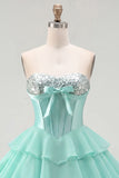 Mint Corset Short A Line Strapless Beaded Homecoming Dress with Ruffles