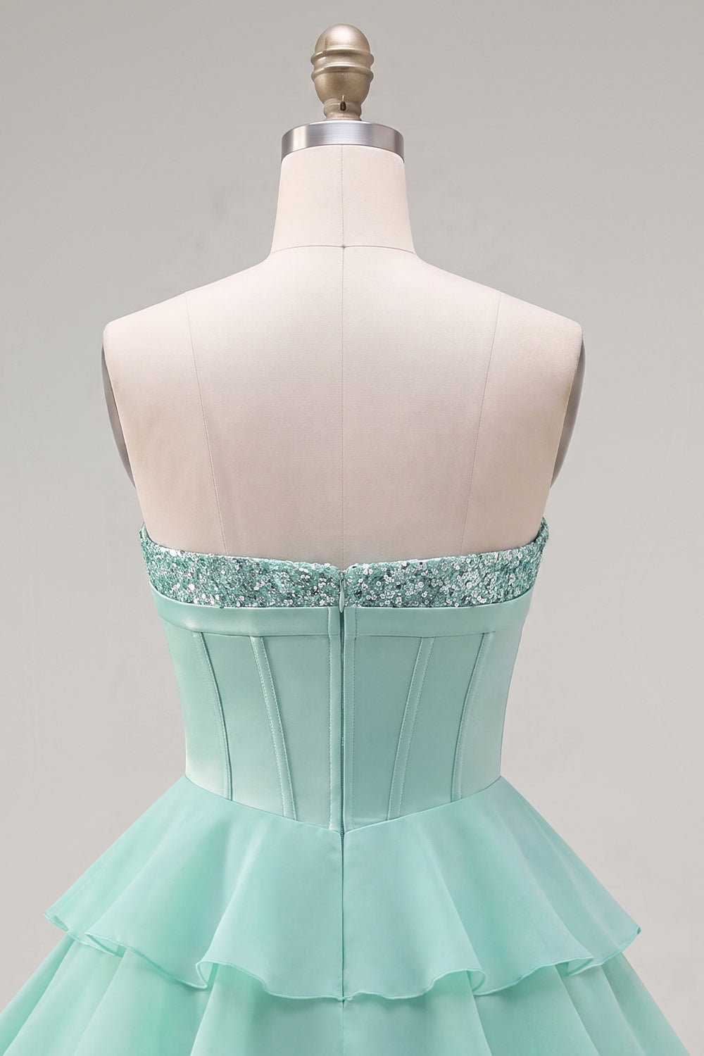 Mint Corset Short A Line Strapless Beaded Homecoming Dress with Ruffles