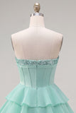 Mint Corset Short A Line Strapless Beaded Homecoming Dress with Ruffles