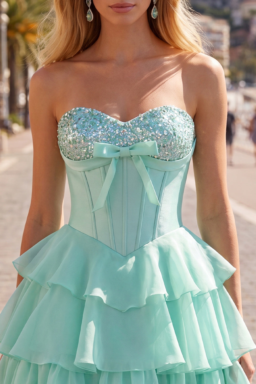 Mint Corset Short A Line Strapless Beaded Homecoming Dress with Ruffles