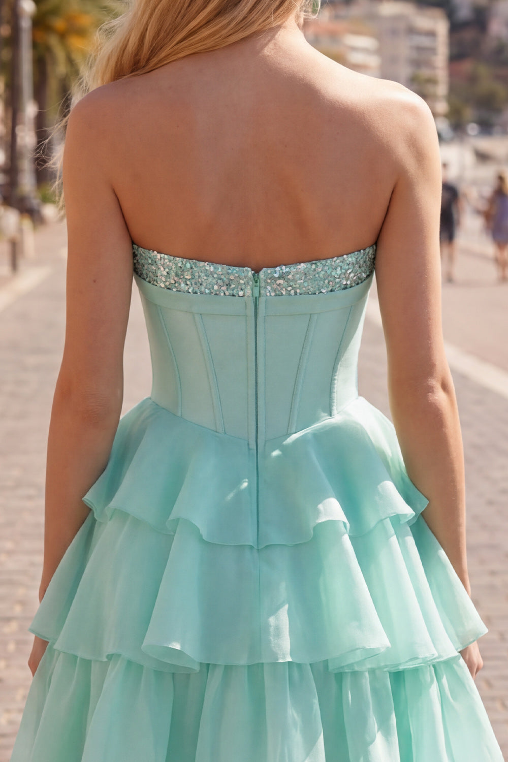 Mint Corset Short A Line Strapless Beaded Homecoming Dress with Ruffles