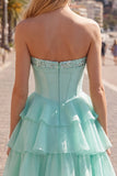 Mint Corset Short A Line Strapless Beaded Homecoming Dress with Ruffles