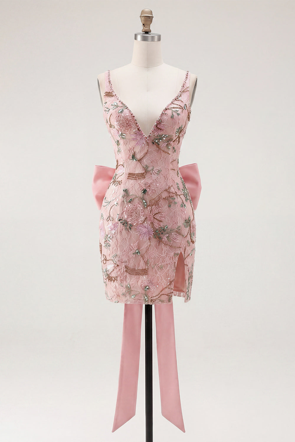 Sparkly Pink Floral Tight Short V-Neck Beaded Homecoming Dress with Bow