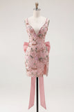 Sparkly Pink Floral Tight Short V-Neck Beaded Homecoming Dress with Bow