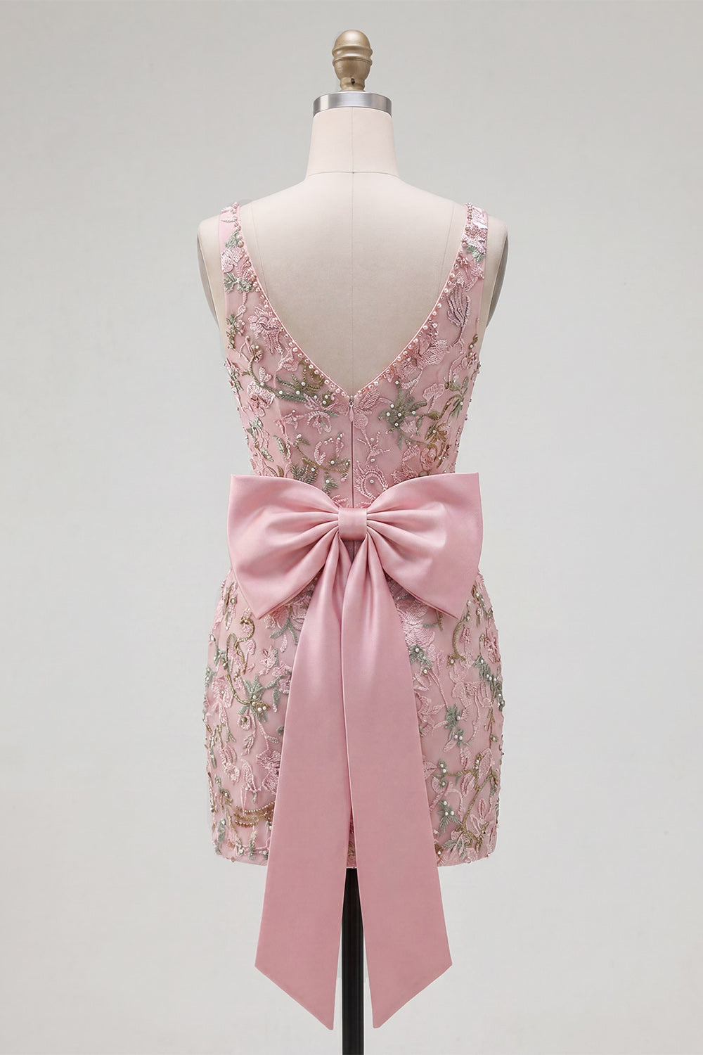 Sparkly Pink Floral Tight Short V-Neck Beaded Homecoming Dress with Bow