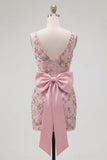 Sparkly Pink Floral Tight Short V-Neck Beaded Homecoming Dress with Bow