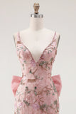 Sparkly Pink Floral Tight Short V-Neck Beaded Homecoming Dress with Bow