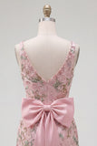 Sparkly Pink Floral Tight Short V-Neck Beaded Homecoming Dress with Bow