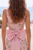 Sparkly Pink Floral Tight Short V-Neck Beaded Homecoming Dress with Bow
