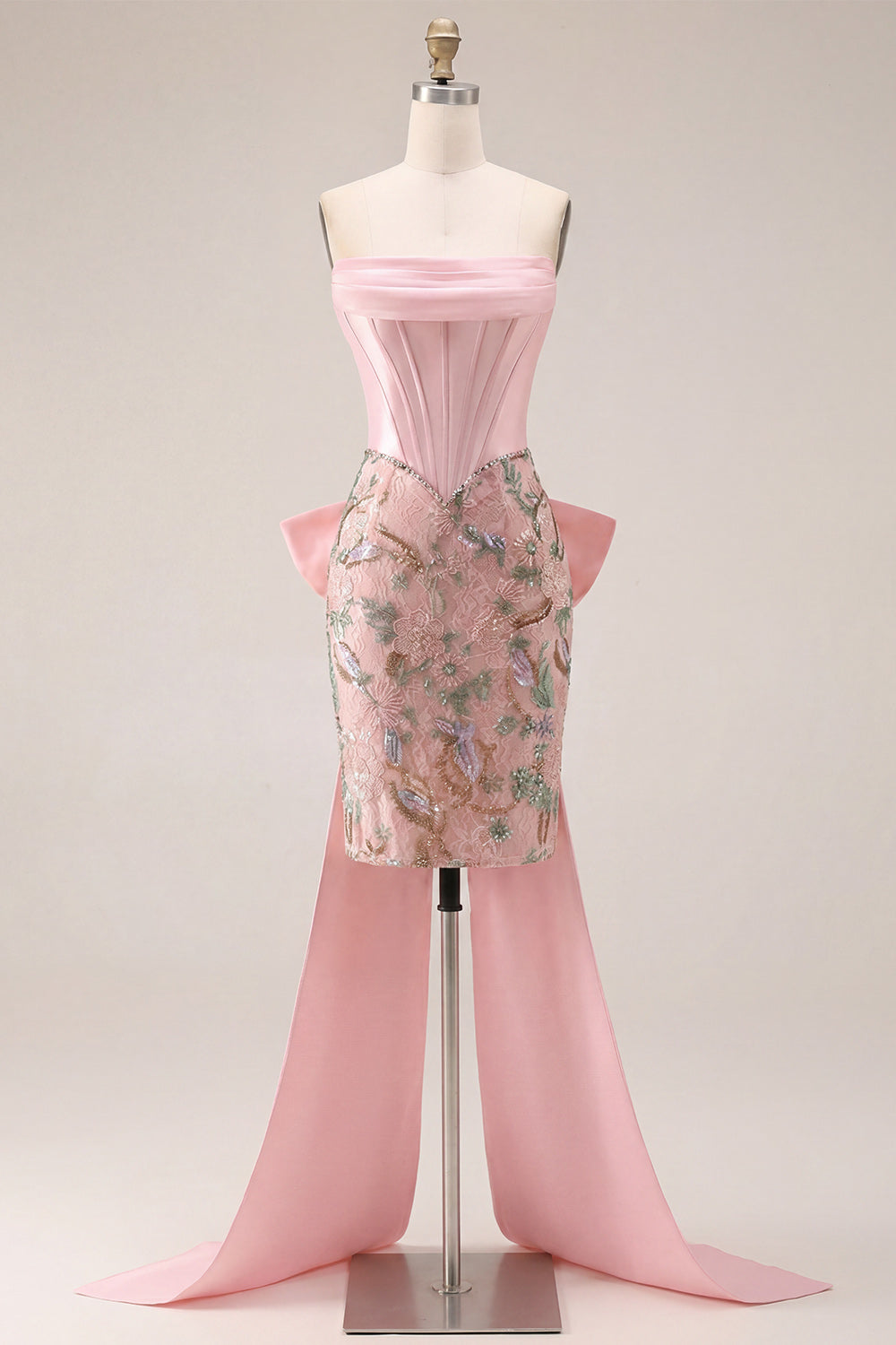 Sparkly Pink Floral Corset Tight Short Beaded Homecoming Dress with Bow