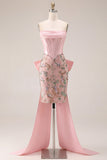 Sparkly Pink Floral Corset Tight Short Beaded Homecoming Dress with Bow