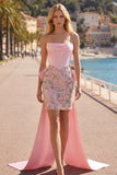 Sparkly Pink Floral Corset Tight Short Beaded Homecoming Dress with Bow