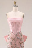 Sparkly Pink Floral Corset Tight Short Beaded Homecoming Dress with Bow