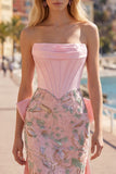 Sparkly Pink Floral Corset Tight Short Beaded Homecoming Dress with Bow